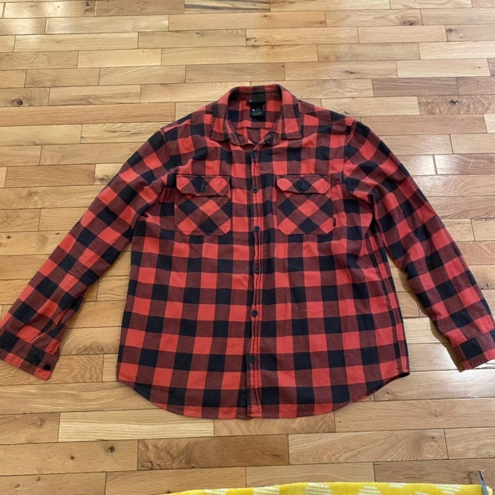 Burton Mens XL Flannel Shirt Red Black Buffalo Plaid Long Sleeve Button Down